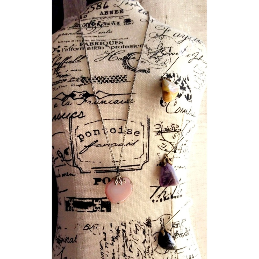Vintage Pink‎ Agate Slice Necklace with 3 Interchangeable Stone Pendants Set